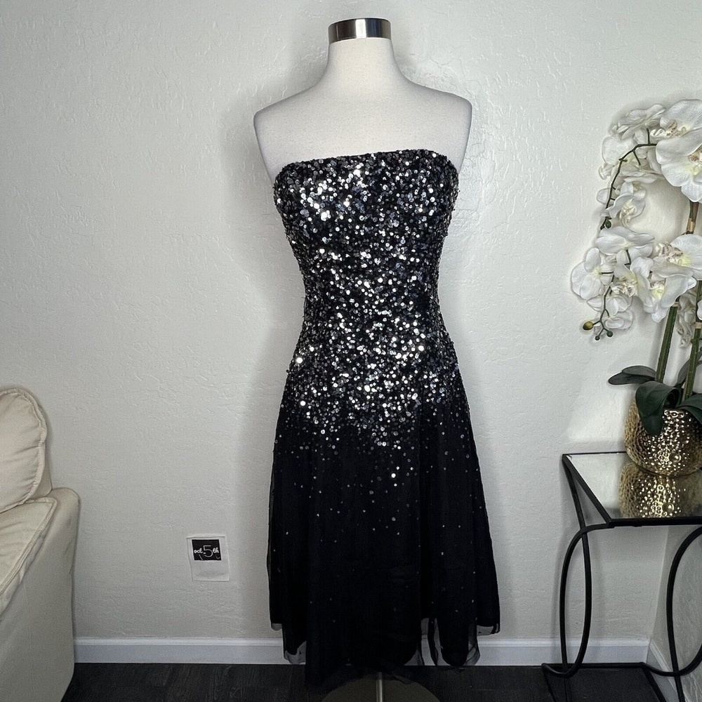 Vintage 1990s Scala Black Silver Tulle Sequined Strapless Midi Dress Gown M